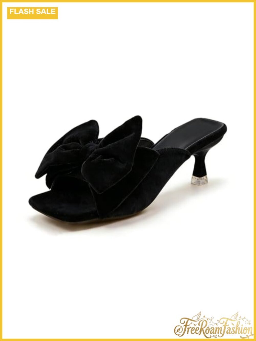 Suede Bow Kitten Heel Slide Sandals Square Open Toe Mule